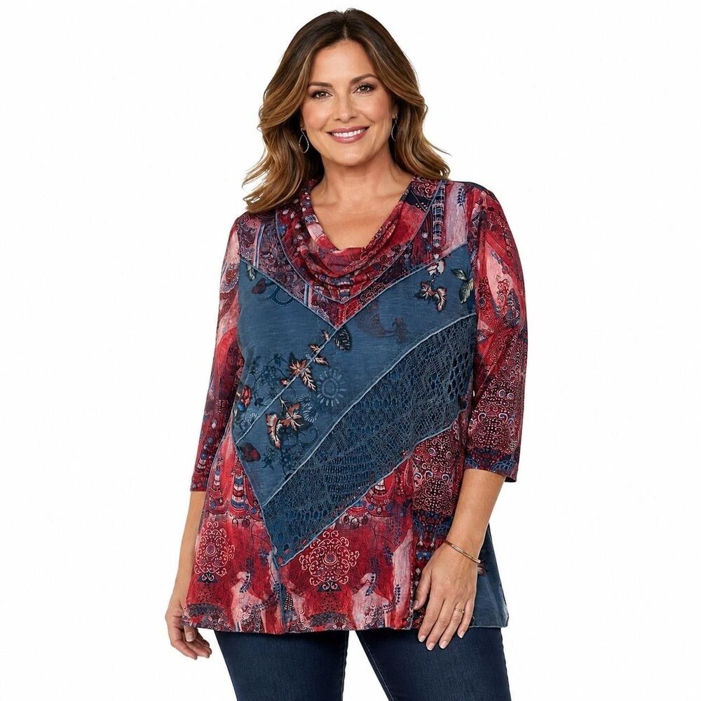 Calessa Tunic Blouse Womens Large Multicolor Floral Cowl Neck 3/4 Sleeve Top